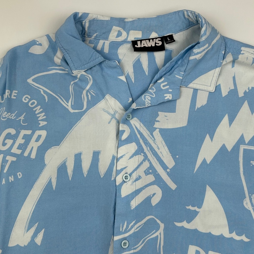 Jaws Movie Graphic Button Down Shirt Mens Large Blue Short Sleeve Bigger Boat L